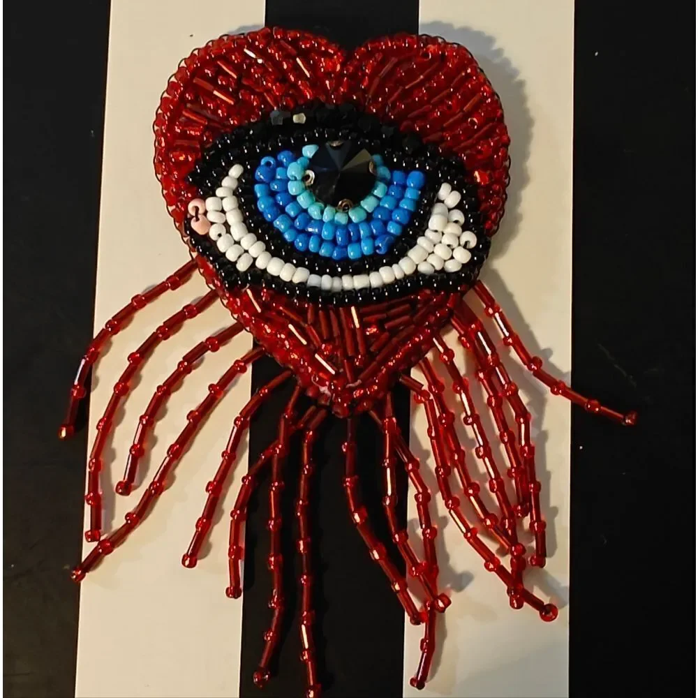 Murka Designer's Hand Beaded Elegant Red Heart Blue Evil Eye Brooch Medium Size